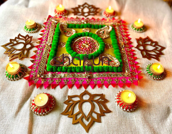 Square Rangoli Mat with Candles and Lotus