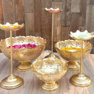 3 Lotus Cut Taj Urli with 3 Padma Candle Stand 3 Padma Floating Diya