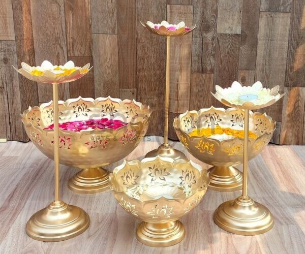 3 Lotus Cut Taj Urli with 3 Padma Candle Stand 3 Padma Floating Diya