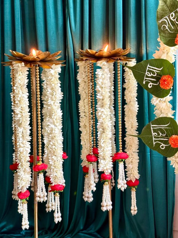 Tall Golden Lotus Standing Diya Pair