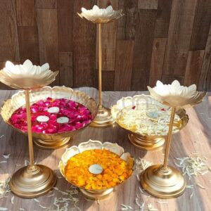 3 Lotus Cut Taj Urli with 3 Padma Candle Stand